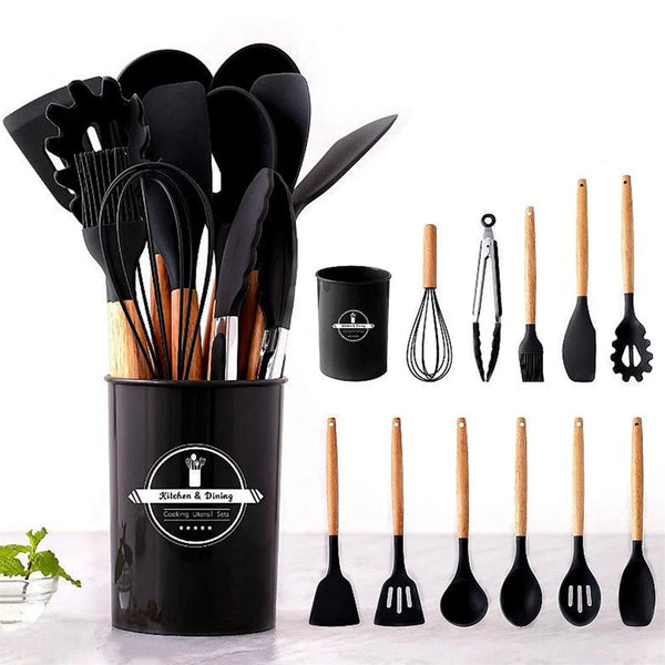 Heat resistant silicone kitchen utensil set, wooden handle