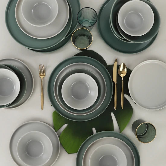 Keramika Matte Gray - Matte Green Nordic Dinner Set for 6 Persons 24 Pieces