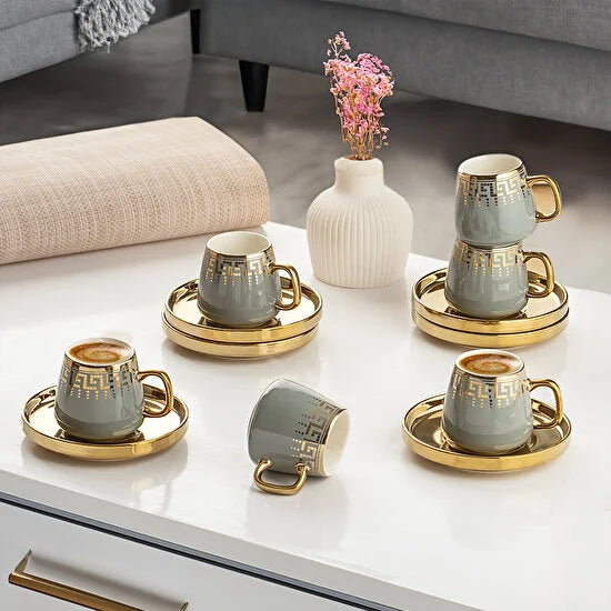 Porsima Sado Grey YDY-0830 Gold Gilded Patterned Porcelain Cup Set - Turkish Coffee for 6 People