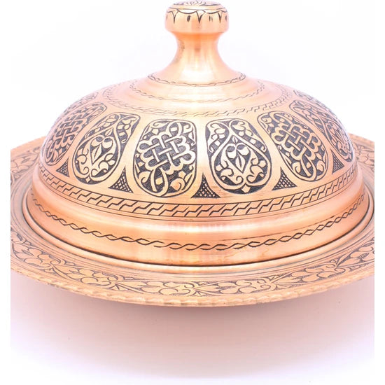Copperdone Hand Embroidered Copper Plate with Lid Sahan Large Size Antique Copper Color