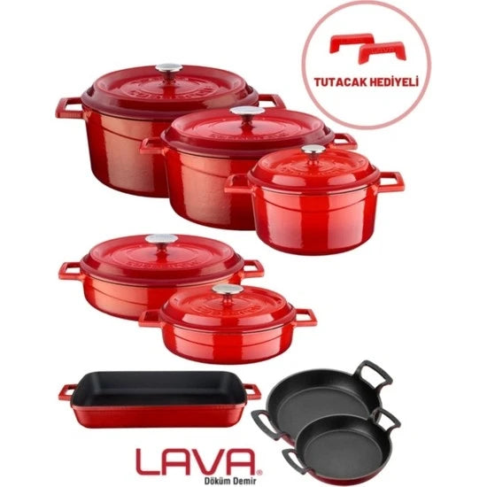 Lava Cast Iron Eight Pot Pan Set Trendy Red Silicone Holder With Gift